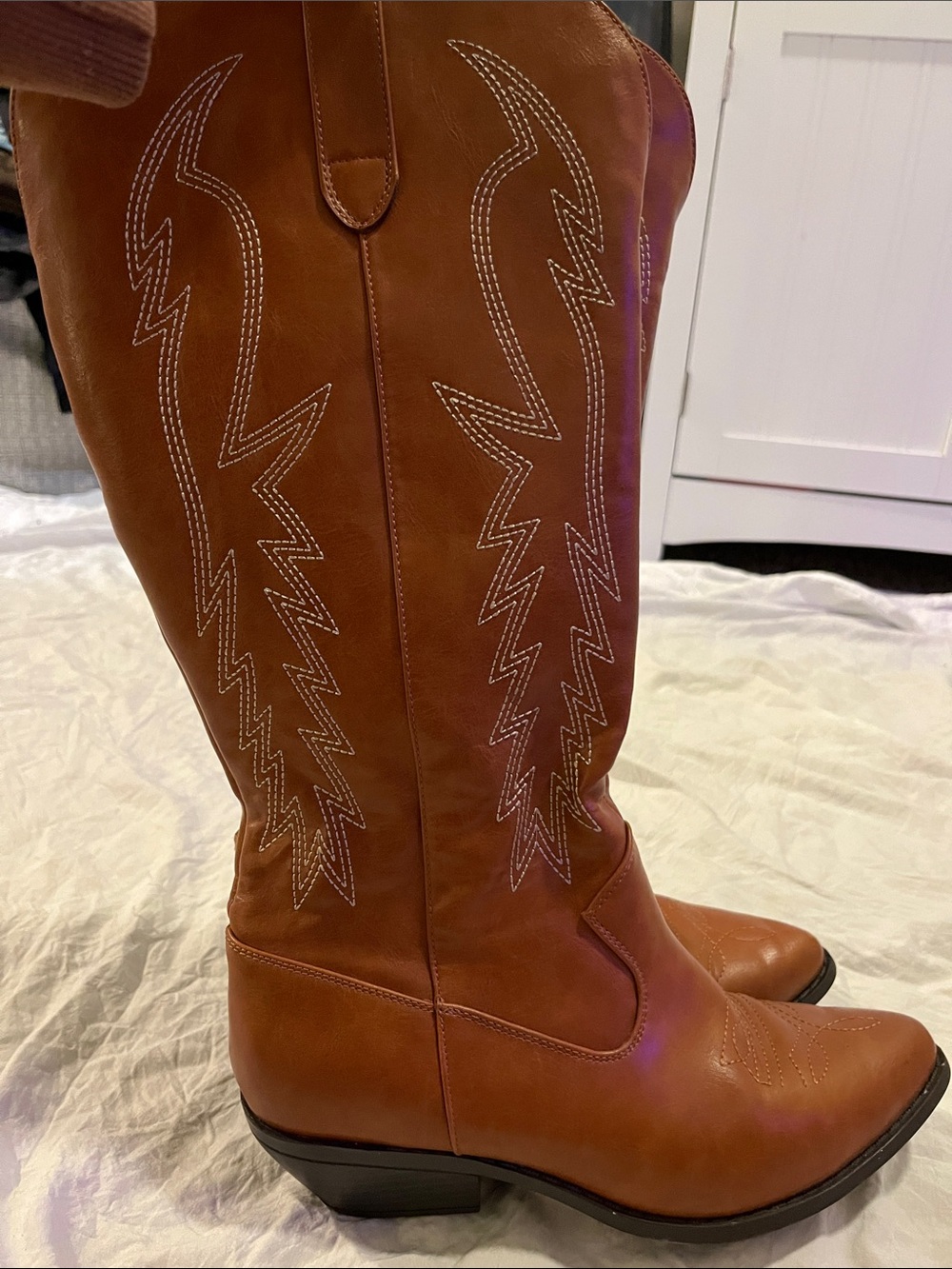 Tall Western Heeled Boots in Brown Leather